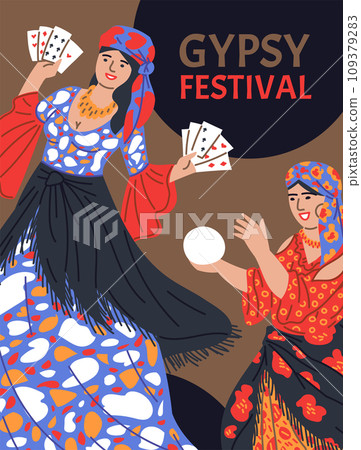 Gypsies women with cards and magic ball, fortune tellers on Gypsy festival vector poster, Romani ethnic culture 109379283