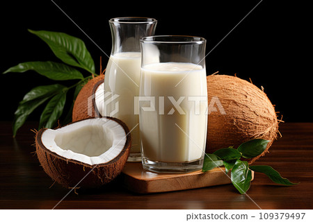Coconut milk in a glass on the table Coconut milk in a glass on the table 109379497