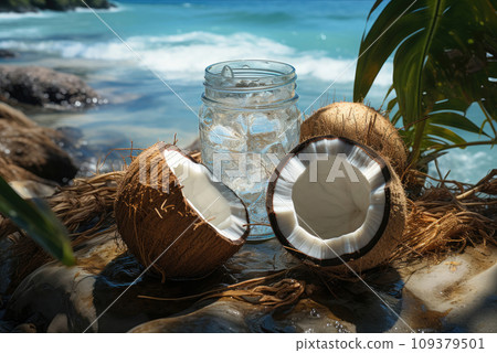 Ice water in a glass and coconuts on the background of the beach 109379501