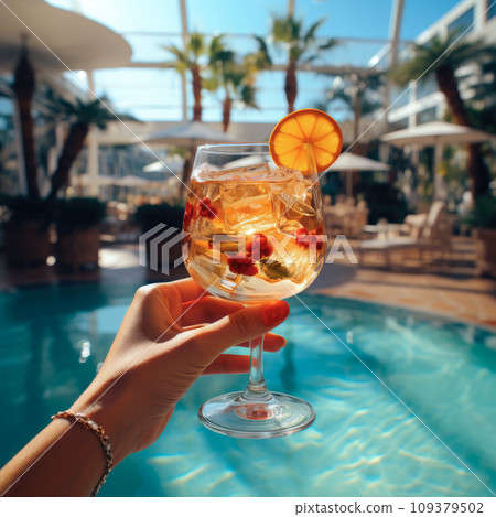 Alcoholic cocktail in the hand of a woman on the background of the pool in the hotel 109379502
