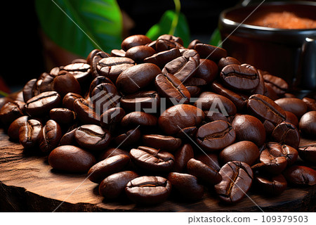 Roasted coffee beans close-up on a wooden table 109379503