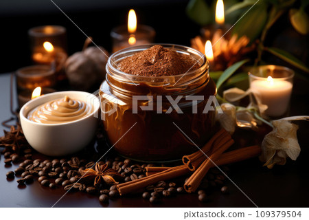 Sugar coffee scrub for spa treatments in a glass jar 109379504