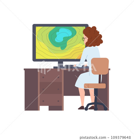 Meteorologist woman studying weather forecaster on computer, weather researching climate condition vector illustration Meteorologist woman studying weather forecaster on computer, weather researching climate condition vector illustration 109379648