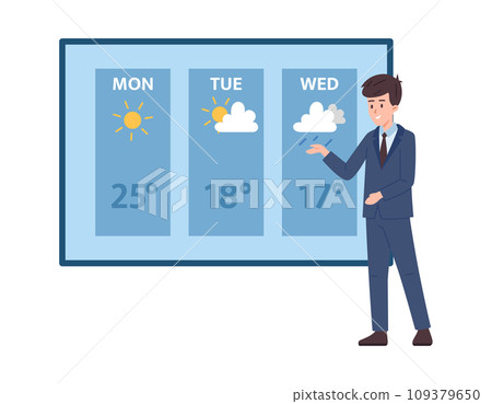 Meteorologist professional studies and predicts weather, flat vector isolated. 109379650