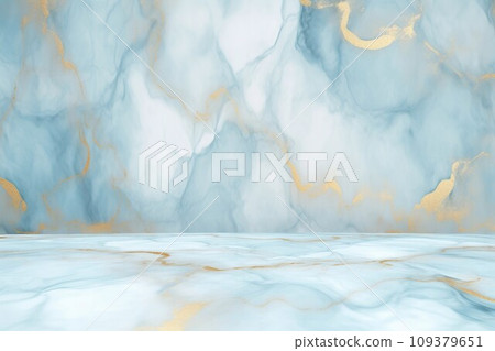 Blank abstract template with light blue and golden marble patterned walls and floor. AI generated image 109379651