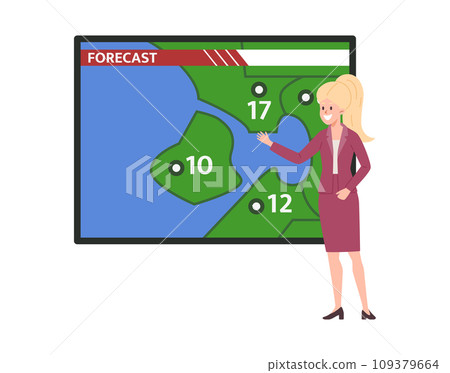 Meteorologist tell the weather forecast and temperature in different countries. Meteorologist tell the weather forecast and temperature in different countries. 109379664