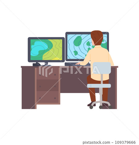 Man observing weather map at computer screen at desk. Man observing weather map at computer screen at desk. 109379666