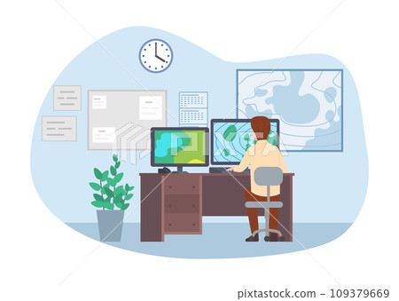 Weatherman observing weather radar at computer screen at desk. 109379669