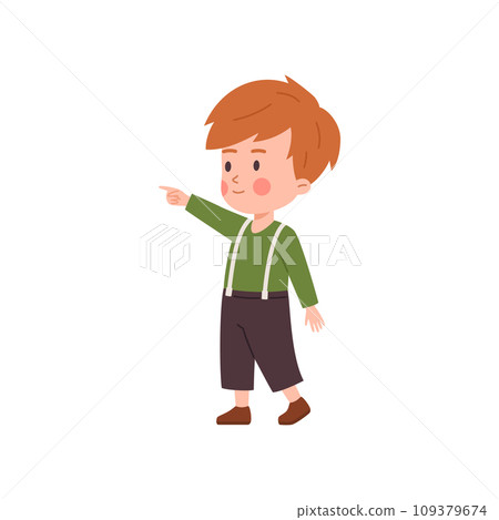 Little boy stretches his hand forward, look behind it and point finger. 109379674