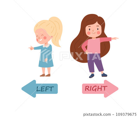 Two little girls point fingers to left and right sides with navigation arrows. Two little girls point fingers to left and right sides with navigation arrows. 109379675