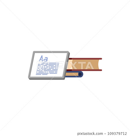 Pile of books with tablet, e-book, vector language translation literature, dictionaries and encyclopedias, library 109379712