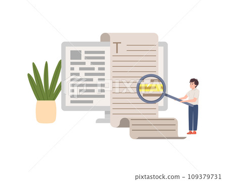 Man studying electronic document with magnifier. 109379731