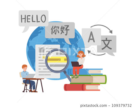 Translator and translation service vector concept, computer technologies, dictionary books, magnifying glass, education 109379732