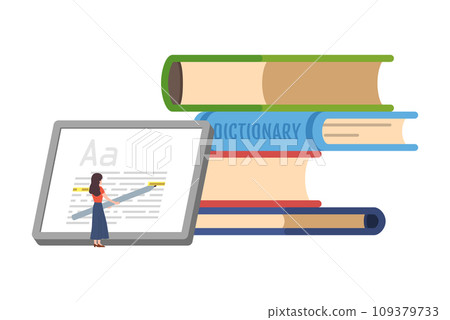 Woman holding big pencil and pointing at highlighted text with book stack on background. Woman holding big pencil and pointing at highlighted text with book stack on background. 109379733