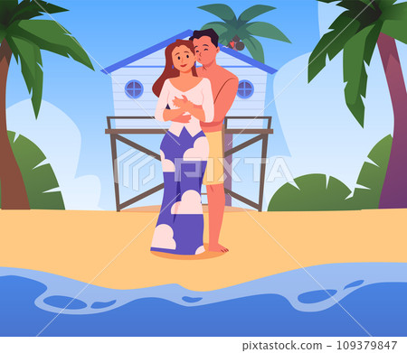 Enamored couple hugging and kissing on the beach with bungalows, vector love relationship romantic sweethearts honeymoon Enamored couple hugging and kissing on the beach with bungalows, vector love relationship romantic sweethearts honeymoon 109379847
