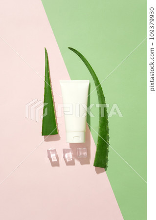 On a green-pink color scheme, a white cream tube is placed in the middle, next to fresh aloe vera and ice. Copy space for advertising cosmetics with natural ingredients. On a green-pink color scheme, a white cream tube is placed in the middle, next to fresh aloe vera and ice. Copy space for advertising cosmetics with natural ingredients. 109379930