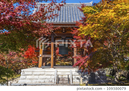 秋天透過楓葉可見的智積院鐘樓（京都市東山區） 109380079