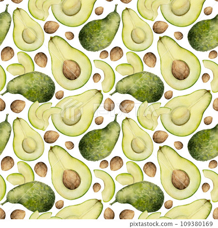 Hand drawn watercolor green avocado slices and whole for diet, healthy lifestyle, vegan cooking. Illustration seamless pattern isolated on white background. Design poster, print, website, card, menu 109380169