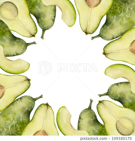 Hand drawn watercolor green avocado vegetable for diet and healthy lifestyle, vegan cooking. Illustration square border frame isolated on white background. Design poster, print, website, card, menu Hand drawn watercolor green avocado vegetable for diet and healthy lifestyle, vegan cooking. Illustration square border frame isolated on white background. Design poster, print, website, card, menu 109380170