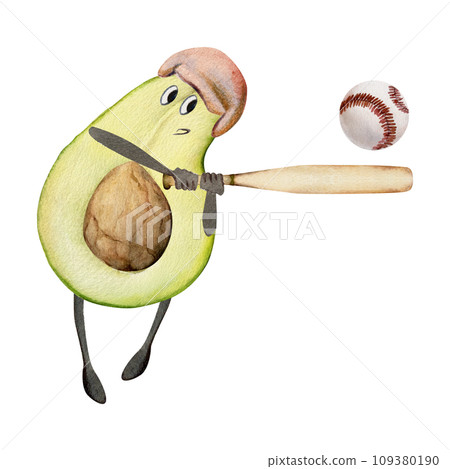 Hand drawn watercolor cute avocado character playing baseball game with bat and ball. Fitness health. Illustration isolated composition, white background. Design for poster, print, website, card, gym Hand drawn watercolor cute avocado character playing baseball game with bat and ball. Fitness health. Illustration isolated composition, white background. Design for poster, print, website, card, gym 109380190
