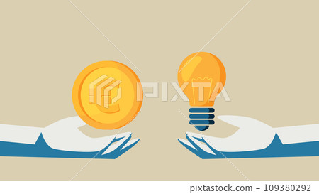 Euro in the palm of your hand. In the other hand is a light bulb. An image of paying for an idea. 109380292