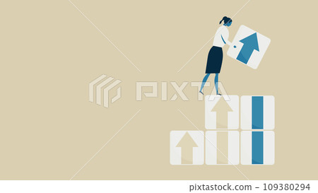 一名婦女用箭頭堆疊積木。小步驟的圖像。 109380294