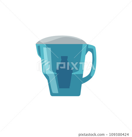Portable blue water filter pitcher, vector plastic jug with water filter mineral, compact home purification system Portable blue water filter pitcher, vector plastic jug with water filter mineral, compact home purification system 109380424