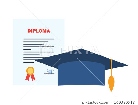 Graduation cap and diploma. Finish education symbol. Graduation day celebration element. Vector illustration. 109380518