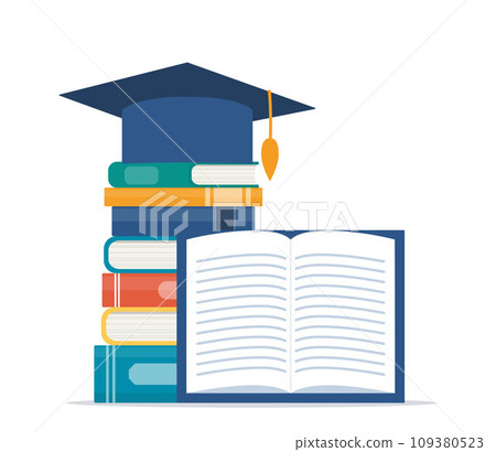 Black graduation cap on stack of books. Education and graduation concept. Vector illustration in flat style. 109380523