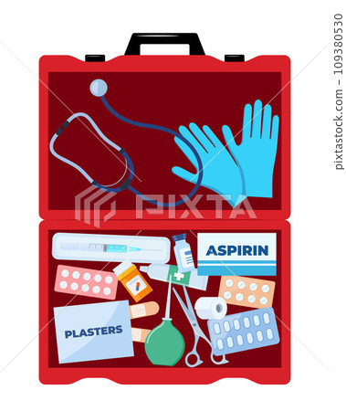 First Aid Kit for ambulance emergency, vehicle, office, travel. Medical help items. Plasters, pills, bandage, aspirin, thermometer. Elements for medical infographics. Vector illustration. 109380530