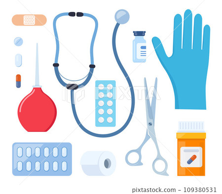 First Aid Kit elements, set. Medical help items. Plasters, pills, bandage, aspirin, thermometer, gloves, syringe, painkiller. Elements for medical infographics. Vector illustration. 109380531