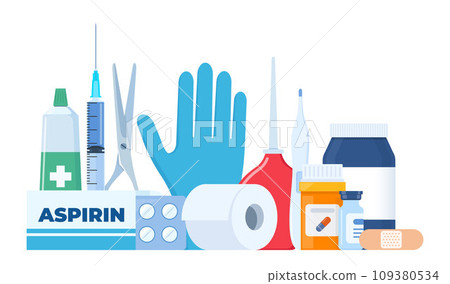 First Aid Kit elements, set. Medical help items. Plasters, pills, bandage, aspirin, thermometer, gloves, syringe, painkiller. Elements for medical infographics. Vector illustration. 109380534