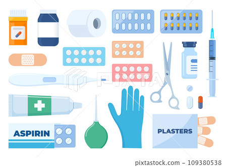 First Aid Kit elements, set. Medical help items. Plasters, pills, bandage, aspirin, thermometer, gloves, syringe, painkiller. Elements for medical infographics. Vector illustration. 109380538