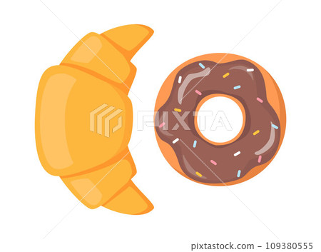 Croissant and donut. Yummy pastry desserts. Tasty sweet baked food. Vector illustration. Croissant and donut. Yummy pastry desserts. Tasty sweet baked food. Vector illustration. 109380555