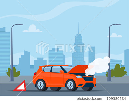 Car breakdown on the road emitting smoke with the hood open and warning sign behind. City on background. Vector illustration. 109380584