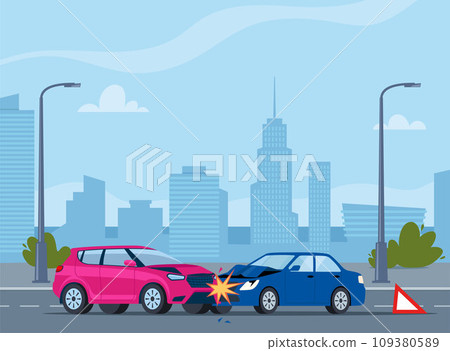 Car accident. Damaged transport on the road. Collision of two cars on city street. Damaged transport. Safety of driving personal vehicles, car insurance. Vector illustration. 109380589