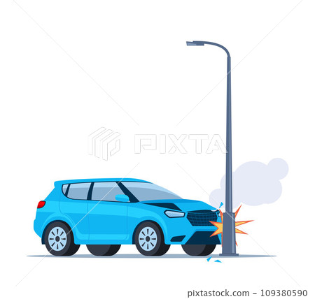 Car accident. Damaged transport on the road. Car crashed into a pole. Damaged transport. Collision on road, safety of driving personal vehicles, car insurance. Vector illustration. 109380590