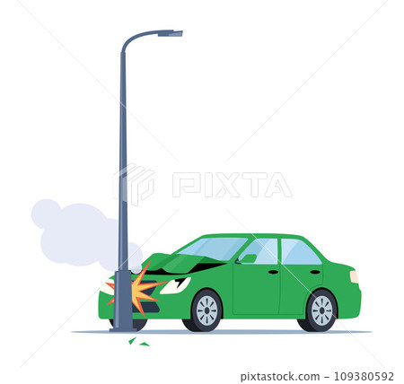 Car accident. Damaged transport on the road. Car crashed into a pole. Damaged transport. Collision on road, safety of driving personal vehicles, car insurance. Vector illustration. 109380592
