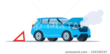 Car breakdown on the road emitting smoke with the hood open and warning sign behind. Vector illustration. Car breakdown on the road emitting smoke with the hood open and warning sign behind. Vector illustration. 109380597