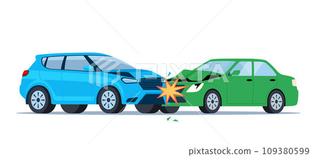 Car accident. Damaged transport on the road. Collision of two cars, side view. Damaged transport. Collision on road, safety of driving personal vehicles, car insurance. Vector illustration. 109380599