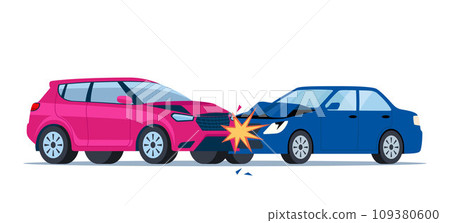 Car accident. Damaged transport on the road. Collision of two cars, side view. Damaged transport. Collision on road, safety of driving personal vehicles, car insurance. Vector illustration. Car accident. Damaged transport on the road. Collision of two cars, side view. Damaged transport. Collision on road, safety of driving personal vehicles, car insurance. Vector illustration. 109380600