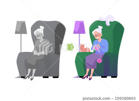 Lonely old positive and negative characters vector set, elderly woman sits in armchair with cats and knits and sad alone Lonely old positive and negative characters vector set, elderly woman sits in armchair with cats and knits and sad alone 109380603