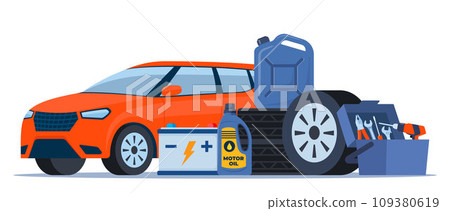 Car and auto service accessories composition with tool kit, gasoline canister and battery. Vector illustration. Car and auto service accessories composition with tool kit, gasoline canister and battery. Vector illustration. 109380619