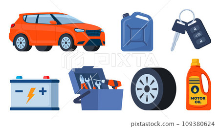 Car and auto service accessories composition with tool kit, gasoline canister and battery. Vector illustration. Car and auto service accessories composition with tool kit, gasoline canister and battery. Vector illustration. 109380624