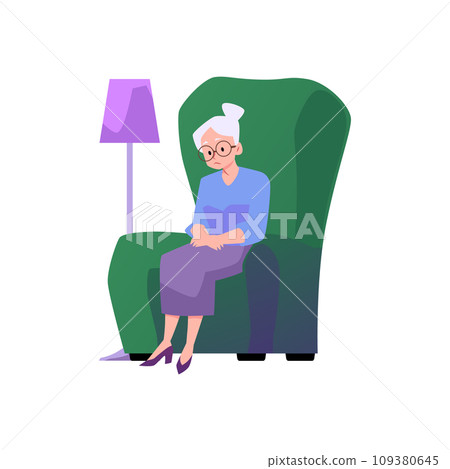 Old sad grandmother sitting on big green armchair flat style Old sad grandmother sitting on big green armchair flat style 109380645