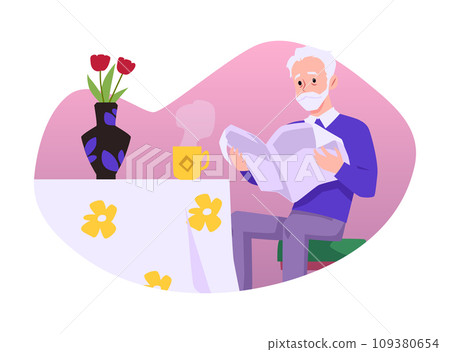 Elderly man sits in chair with cup of tea and reads newspaper at home, vector happy lonely grandfather having good time Elderly man sits in chair with cup of tea and reads newspaper at home, vector happy lonely grandfather having good time 109380654