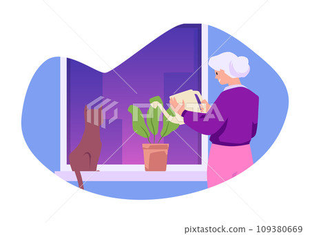 Happy old woman standing at the window, cartoon vector illustration Happy old woman standing at the window, cartoon vector illustration 109380669
