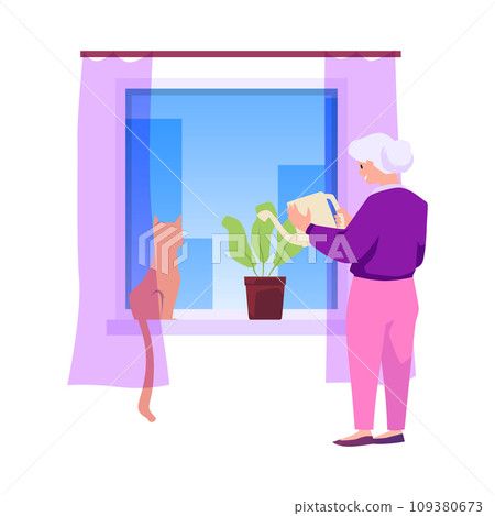 Elderly woman watering indoor flowers with her cat, happy grandmother having a good time, vector lonely old people Elderly woman watering indoor flowers with her cat, happy grandmother having a good time, vector lonely old people 109380673
