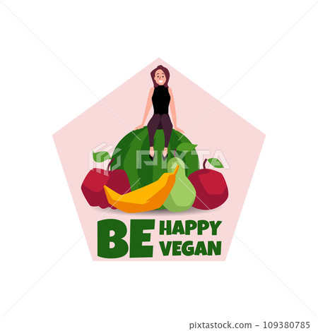 Small woman sitting on watermelon surrounded by other fruits. 109380785