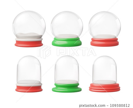 Set of 3d empty Christmas snow ball with glossy red and green bases, clear domes. 109380812